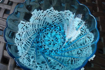 Vintage Blue Glass Berry Salad Serving Bowl Scallop Swirl Design RARE - $29.69