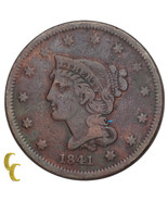 1841 Tressé Cheveux Grand Cents 1C Penny (Fin F + État) - $119.13 CAD