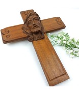Antique Belgian Art Deco Solid Wooden Crucifix with Carved Christ Head 3D - $294.46 CAD