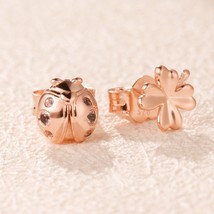 Rose Gold Four Leaf Clover and Ladybird Stud Earrings With Pink CZ Stud Earrings - £12.94 GBP