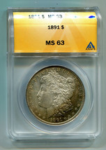 1891 Morgan Silver Dollar Anacs MS63 Attractive Toning Original Premium Quality - £208.73 GBP