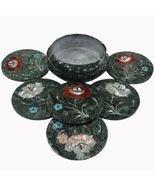 Green Marble Round Coaster Set Floral Inlay Marquetry Arts Kitchen Decor... - €223,57 EUR