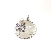 14k White Gold Vintage Mother Pendant In A Round Disc With Pearl &amp; Tanzanite  - £216.60 GBP