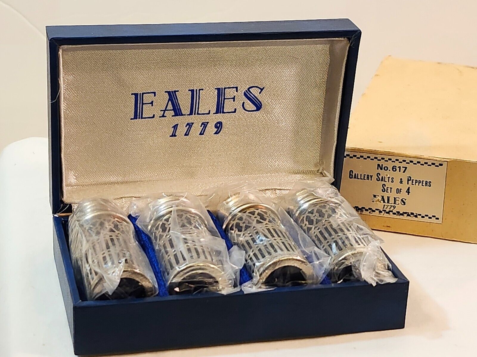 Primary image for 4- Vintage Eales 1779 Japan Cobalt Blue & Silverplated Salt & Pepper Shakers NIB
