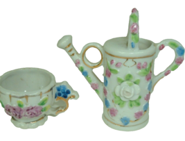 Vintage Miniature Watering Can and Tea cup Floral Gold Trim Japan shabby cottage - £11.96 GBP