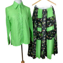 Chessa Davis Maxi Skirt Blouse Top Set Medium Green Polka Dot Floral 70s Vintage - £78.61 GBP