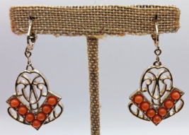 Sarah Coventry Tangerine &amp; Gold Tone Clip On Dangle Earrings 1973 - £11.87 GBP