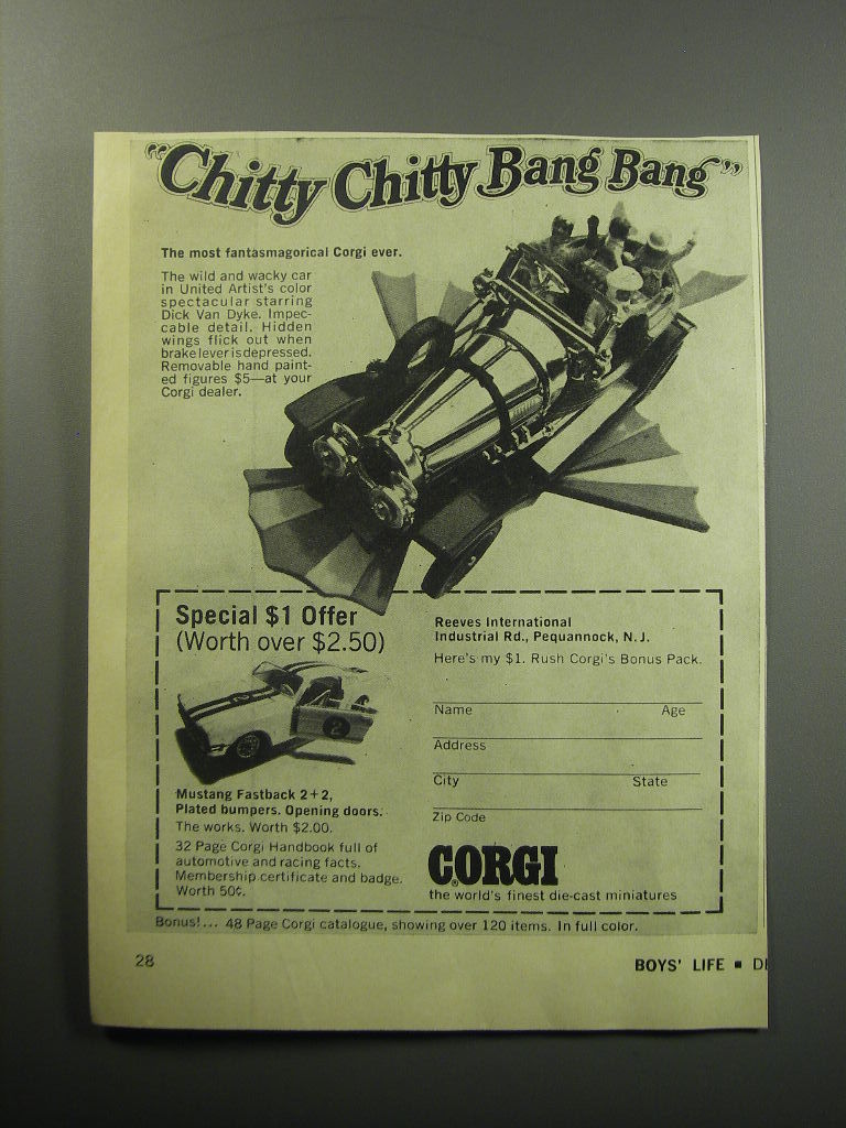 1968 Corgi Models Ad - Chitty Chitty Bang Bang and Mustang Fastback 2+2 - $18.49