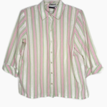 Kim Rogers Womens Size 10P Blouse Button Front 3/4 Sleeve Green Pink Stripe - $12.97