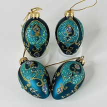 4 UT Unique Treasures Egg Blown Glass Ornament 2.5&quot; Tall, Teal Turquoise Glitter - £18.52 GBP