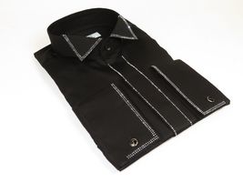 Men CEREMONIA Tuxedo Shirt Rhinestone 100% Cotton Turkey #stn 15 Black Wing tip image 4