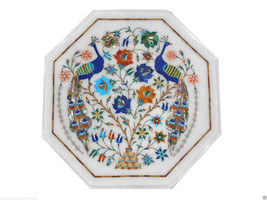 12&quot; White Marble Side Table Top Peacock Marquetry Inlaid Gems Mosaic Home Decor - £311.24 GBP