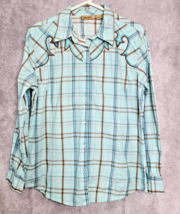 Wrangler Shirt Womens Large Blue Brown Plaid Embroidered Pearl Snap Western - $22.99