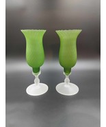 Vintage Satin Green Frosted Hurricane Candle Holder Set of 2 Si An Crist... - £27.06 GBP
