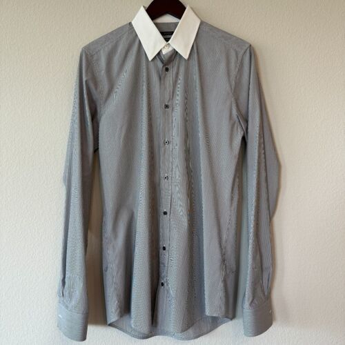 Gucci Men’s Dress Shirt Gray Striped w. White Collar Classic Cotton Size... - $197.90