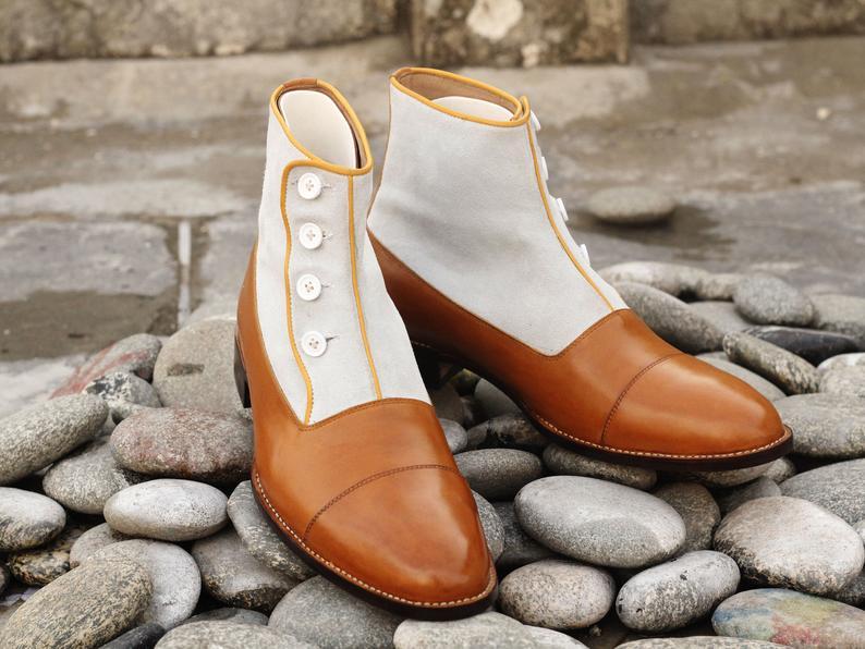 Handmade Tan White Leather Suede Cap Toe Button Boots, Men Dress Formal Boots
