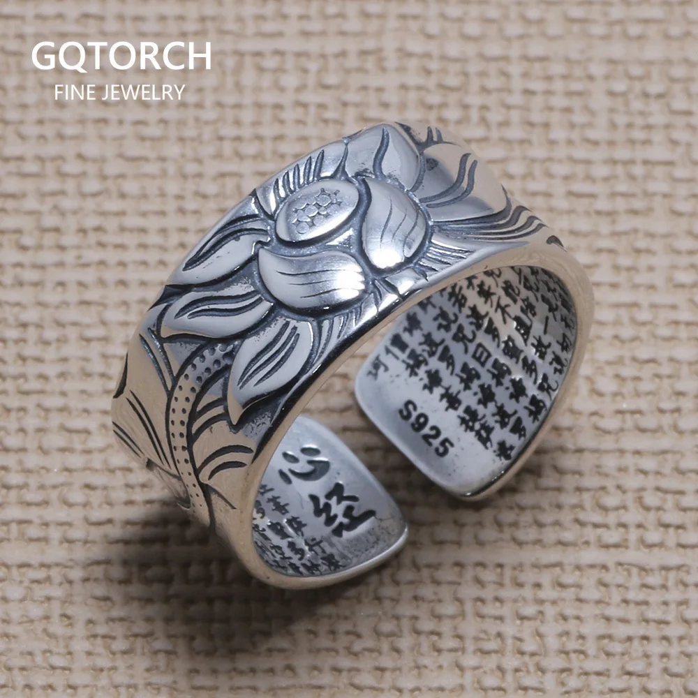 Real 925 Sterling Silver Lotus Rings For Men And Women HEART SUTRA Scriptures En - £27.06 GBP