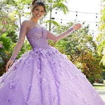 Beautiful Sparkly Lilac Quinceanera Dresses Long Sleeve Lace 3D Flowers Sequins  - £459.71 GBP