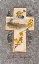 A Peaceful Easter Greetings in Golden Relief Postcard c1910s Cross ~ Flowers-... - £7.03 GBP