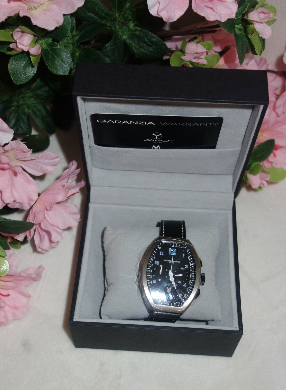 Primary image for Montres De Luxe Mens Estremo Black Chronograph Tonneau Leather Watch NEW