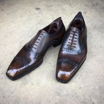 Handmade leather oxfords brown patina semi brogue lace up men dress shoes - £143.54 GBP