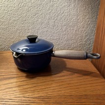 Vintage Le Creuset Sauce Pan #14 Blue Enamel Cast Iron Spout Wood Handle - $51.48