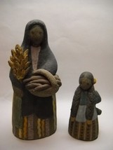 Set Of 2 Clay Figurines Mother Daughter Painted Scored Harvest Food Flowers - £98.93 GBP