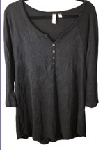 Eloise Shirt Womens XL Henley Black Semi Sheer Rollup Sleeves V-Neck Top - $13.94