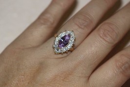 Fine 14K Yellow Gold White Marquise Lavender Cubic Zirconia Halo Ring Size 6.5 - £178.96 GBP