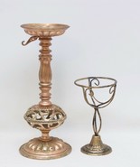 Pair Antique Look Metal Candle Holder Pillar &amp; Round Candles, Paperweigh... - £7.37 GBP