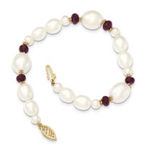 14K Gold Fresh Water Cultured Pearl &amp; Faceted Garnet Bead Bracelet - £102.26 GBP