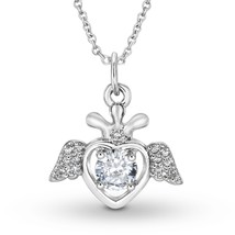 Twinkling Angel Heart in Clear Cubic Zirconia Sterling Silver Pendant Necklace - £15.02 GBP