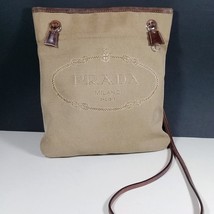 PRADA Vintage Beige Jacquard Canvas/Brown Leather Trimmed Crossbody Bag - £302.65 GBP