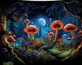 70"x90" Black LT Tapestry Mushroom Peach Skin 3/4 Moon Dream Forest Wall Hanging - £17.55 GBP