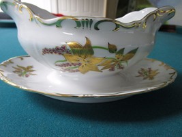 Zsolnay Hungary Gravy Boat Attached Underplate Golden Iris 1940s - £98.69 GBP