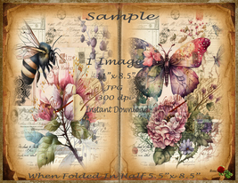 Junk Journal Printable Bee Butterfly Flowers Journal Page Watercolor Vin... - £2.33 GBP