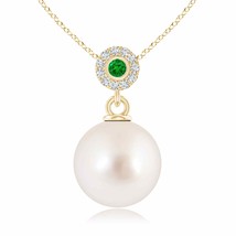 ANGARA South Sea Pearl Halo Pendant with Bezel Emerald in 14K Solid Gold - £876.86 GBP