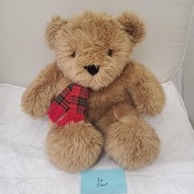 Medium Size Teddy Bear with Red Checked Bow Plush Stuffed Toy - £5.53 GBP