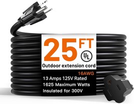 25 Feet Outdoor Extension Cord Waterproof Deep Black 16 AWG 3 Prong Flex... - £29.47 GBP