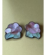 Large Pink &amp; Green Mother of Pearl Inlaid Flowers Black Plastic Post Ear... - $13.45