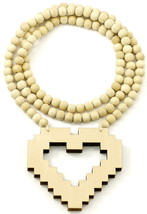 La La Pixel Heart New Good Wood Style Pendant Piece 36 Inch Wood Bead Necklace - £10.94 GBP