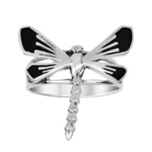 Whimsical Dragonfly Black Onyx Inlay Wings .925 Sterling Silver Ring - 6 - £17.68 GBP