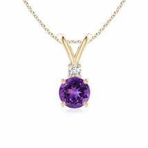 ANGARA Round Amethyst Solitaire V-Bale Pendant with Diamond in 14K Solid Gold - £469.11 GBP