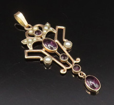 10K GOLD - Vintage Victorian Amethyst &amp; Cultured Pearl Cutout Pendant - ... - £131.88 GBP