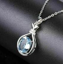 3.02Ct Oval Cut Aquamarine Solitaire Pendant With Chain 14K White Gold Plated - £92.36 GBP