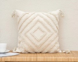Natural  Boho Cushion Cover Cotton Cushion and Tassels Tufted Pillows Handmade - £23.35 GBP