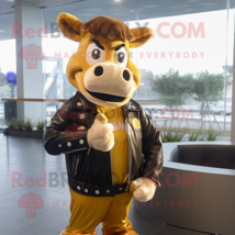 Gold Jersey Cow mascot costume character dressed with a Leather Jacket and Headb - $1,339.00