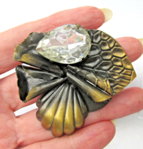 Large Vtg Rhinestone LILY PAD Antiqued Gold Tone Brooch Pin - $12.86