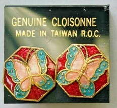 Red, Pink &amp; Aqua Cloisonne Enamel Petite Butterfly Pierced Earrings 1970s - £10.35 GBP