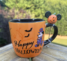 DISNEY Mickey Mouse Donald Pluto Orange Halloween Cup w/Pumpkin Stir Sti... - £22.79 GBP